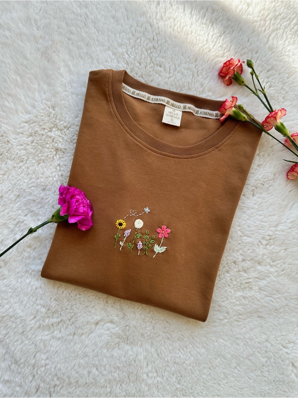 Hello Athenas Women’s Brown Pima Cotton Handmade Embroidered Tee Short Sleeve S